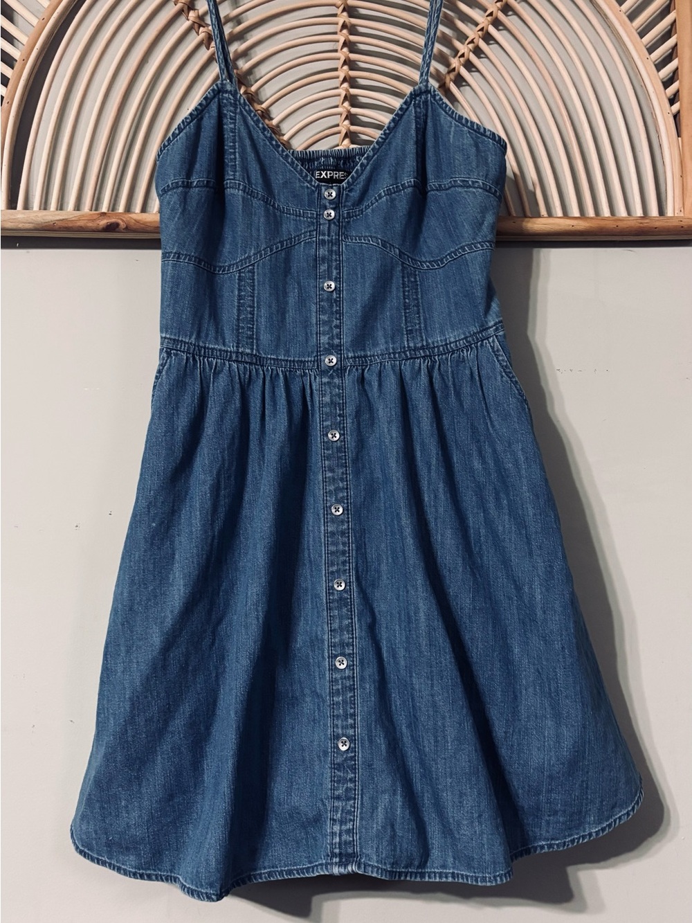 Express Blue Denim Mini Dress with Button Front